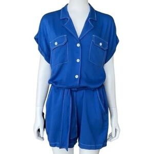 Karina Grimaldi Tencel Button Up Tie Waist Romper Jumpsuit - Blue - Size 4